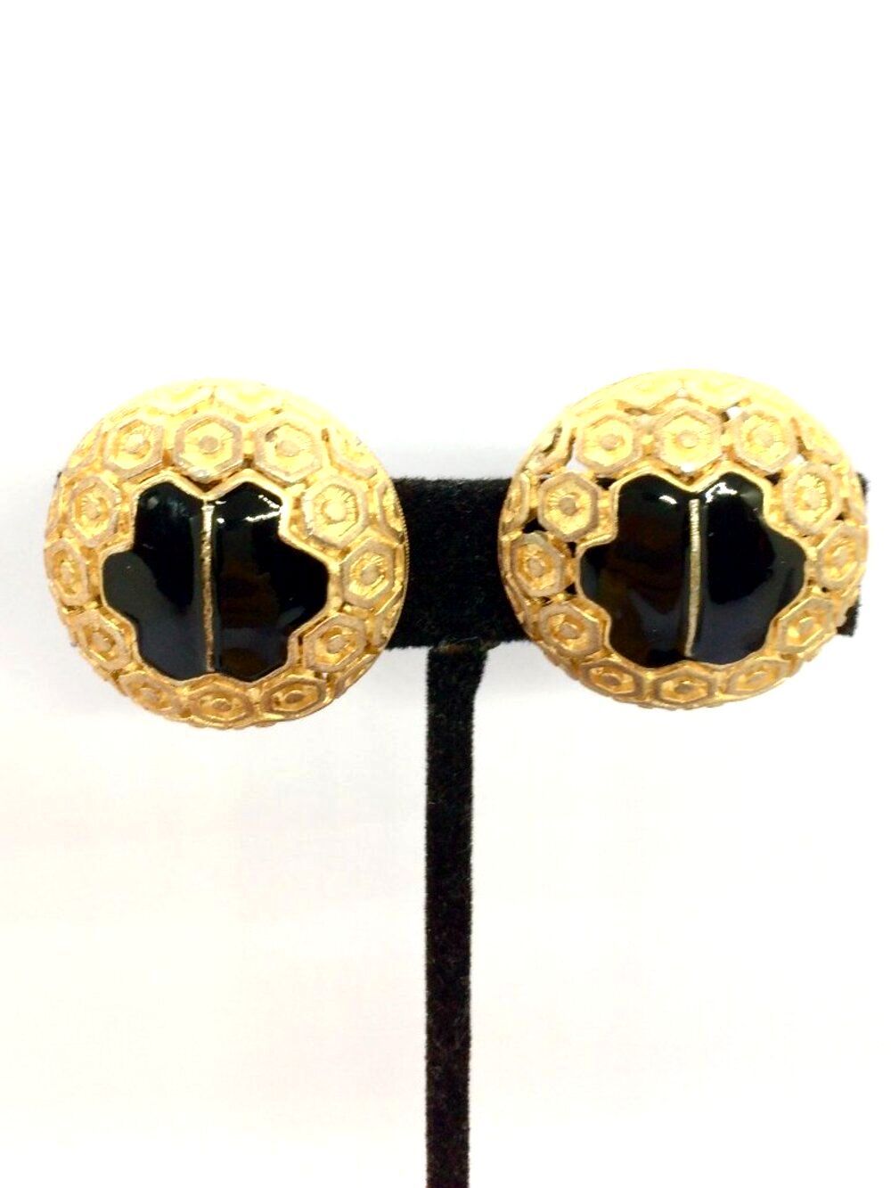 Vintage Gold Tone Earrings Enamel Black Cabochon Honeycomb Dome Clip Retro Large